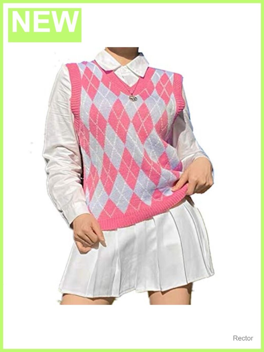 Sleeveless V Neck Argyle Plaid Sweater Vest Loose Knitted Preppy Top